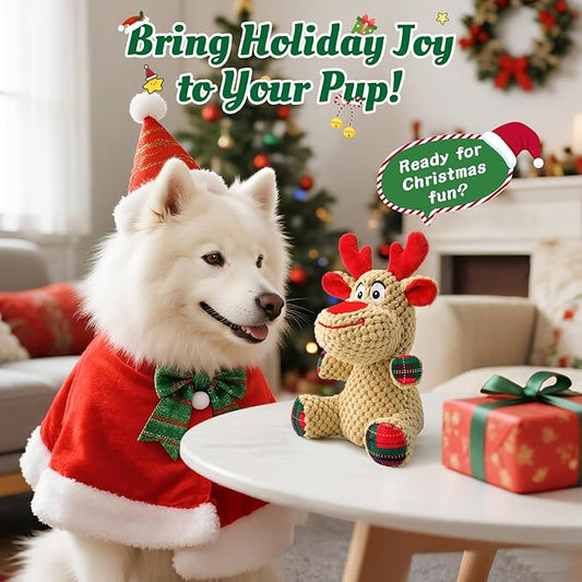 Reindeer Squeaky Plush Dog Toy โ Soft Crinkle Stuffed Chew Toy for Small & Medium Dogs, Cute Holiday Puppy Toy