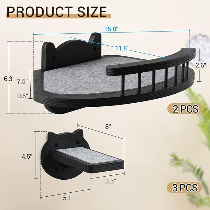 Cat Wall Shelves Furniture Set with Scratching Pad,Wooden Cat Climbing Wall Systems with 2 Perches and 3 Steps, Floating Shelves Bed Wall Mounted for Indoor Fit Up to 15Lbs (Black)