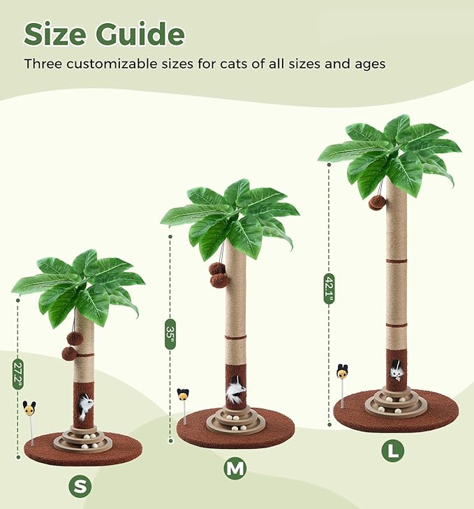 Made4Pets 35" Tall Cat Scratching Post with Sisal Rope, Interactive Hanging Balls, Toy Mouse and Two-Layer Ball Track Cat Toys, Palm Tree Cat Scratcher Tower for Indoor Cats and Kittens