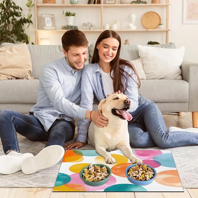 Polka Dots Dog Food Mat for Floors Absorbent Dog Bowl Mat for Food and Water Dispenser Quick Dry Cat Food Placemat Pet Supplies 16" x 24", Colorful Rainbow