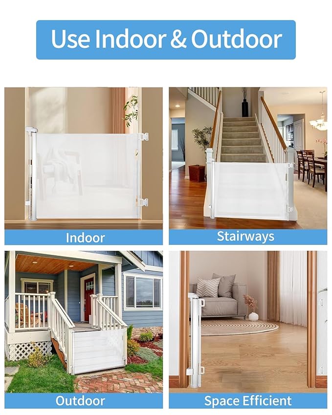 Retractable Baby Gate for Doorways and Stairs, Mesh Safety Gate for Pet, Indoor & Outdoor Use, One-Hand Operation, Easy Installation, 33.6" Tall, Expands to 55" Wide(White,33.6"x55")