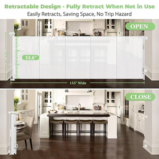 Reinforced 155 Inch Extra Wide Retractable Baby Gate with Reinforced Rods, 13 Feet Wide Retractable Dog Gate β Prevents Crawling Under, Extra Long Baby Gate Retractable Fence Outdoor Garage Gate/White