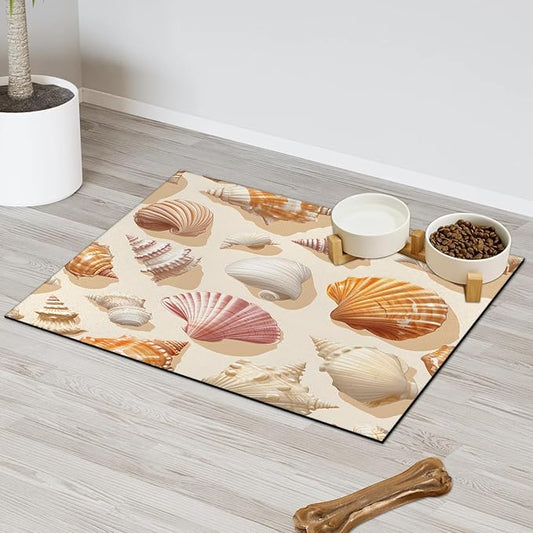 Seashell Dog Food Mat for Floors Absorbent Dog Bowl Mat for Food and Water Dispenser Quick Dry Cat Food Placemat Pet Supplies 17" x 30", Beach