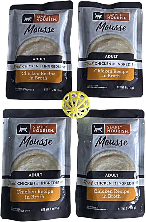 SIMPLY NOURISH Adult Cat Mousse Recipe in Broth. 4-Pack 3 oz Pouches Plus Cat Toy (Toy Varies) (Chicken Recipe in Broth)