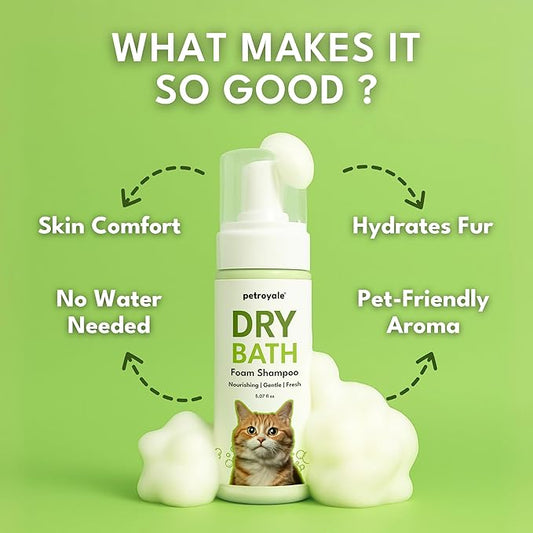 Waterless Cat Shampoo - Dry Shampoo for Cats - No Rinse Cat Shampoo - Tick, Flea & Itch Relief - Detangling Foam - Coconut & Aloe - Cat Waterless Bath 5.07 floz