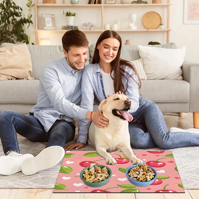 Pink Cherry Dog Food Mat for Floors Absorbent Dog Bowl Mat for Food and Water Dispenser Quick Dry Cat Food Placemat Pet Supplies 24" x 32", Love