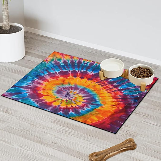 Colorful Tie dye Dog Food Mat for Floors Absorbent, Quick Dry Water Dispenser Mat for Food, Water, Pet Supplies 24" x 32", Abstract Rainbow
