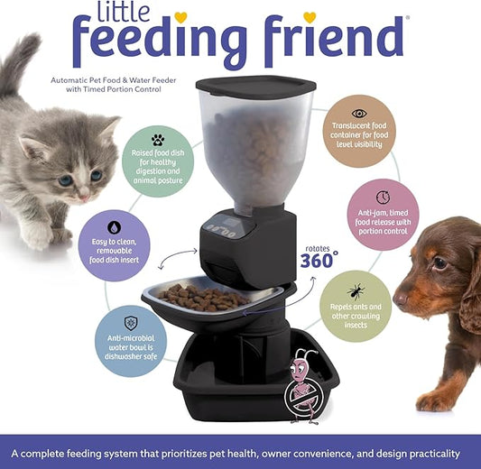 Feeding FriendĀ® Automatic Dog & Cat Food Feeder with Water Dispenser Smart Pet Feeder with Portion Control, OLED Display, Anti Jam Design, Battery Operated Dispenser for Small XS 4-15 lbs Pets Black