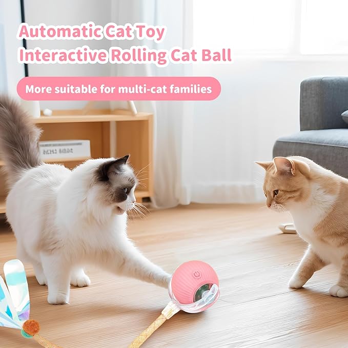 Interactive Cat Toys for Indoor Cats Smart Automatic Ball Rolling for Bored Kitten Pet Upgraded Speedy Moving Chase Dogs Toy Valentine's Day Gift Pink Dragonfly