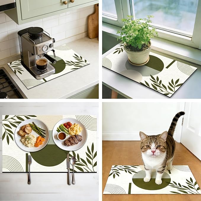 GLOBLELAND Bohemia Leaves Pet Food Mat for Floors 11.8×20 inch Dogs Food Mats Absorbent Dog Bowl Mat Quick Dry Dog Cat Pet Placemats Pets Supplies for Water Dispenser