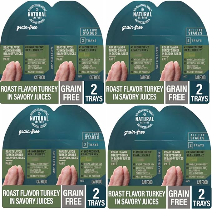 Grain Free Turkey Pate Wet Cat Food 8 Individually Sealed Trays (4 Twin Packs) - Natural No Wheat Corn Soy, Easy Peel Lids, Complete Balanced All Life Stages Kitten Adult Senior Indoor Cats Soft Pate