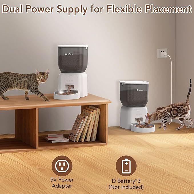 Remote Controlled Automatic Dog & Cat Feeder, APP Controlled,with Freshness Preservation, Timed Cat Feeder with Stainless Steel Bowl. 4L Capacity Up to 6 Meals Per Day and 1-15 Portion for Pets(White)