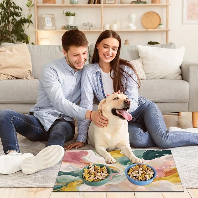 Watercolor Marble Dog Food Mat for Floors Absorbent, Quick Dry Water Dispenser Mat for Food, Water, Pet Supplies 16" x 24", Abstract