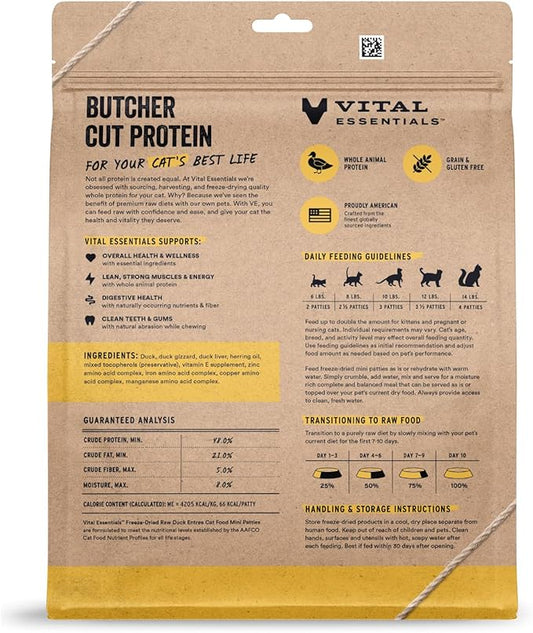Vital Essentials Freeze Dried Cat Food, Raw Duck Mini Patties | Complete Meal or Topper | Easy to Portion and Rehydrate | High Protein, Grain Free Dry Cat Food |15 oz Bag