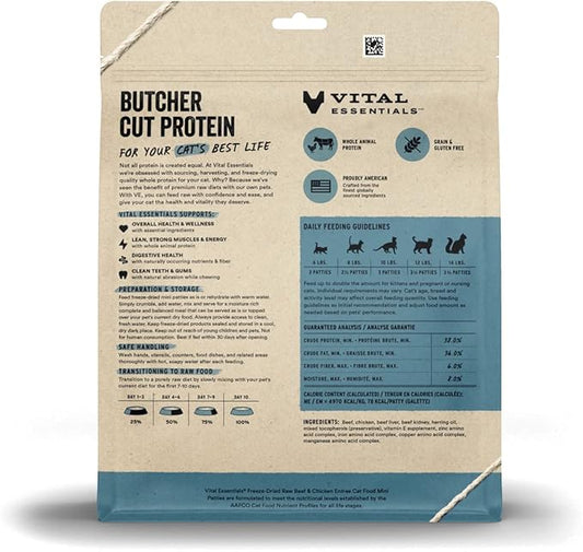 Vital Essentials Freeze Dried Cat Food, Raw Beef & Chicken Mini Patties | Complete Meal or Topper | Easy to Portion and Rehydrate | High Protein, Grain Free Dry Cat Food | 8 oz Bag