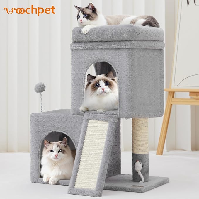 24inch Tall Cat Tree with 2 Cat Condo and Mouse Toy Cozy Small Cat Tower with Scratching Post and Board for Kitties and Small Cats.(Light Grey) (22 * 13 * 28)