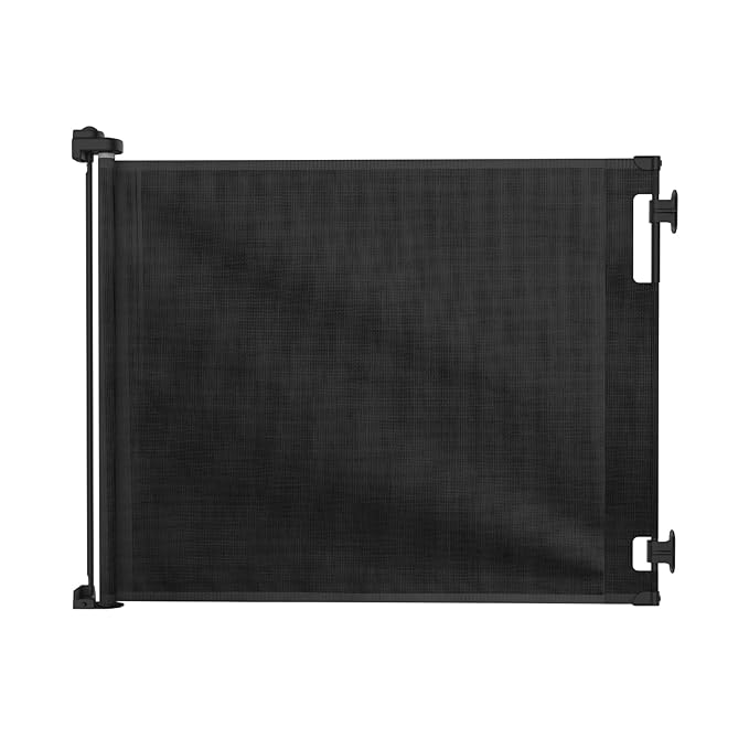 Retractable Baby Gate Perma Child Safety 33" Tall x 71” Wide, Mesh, for Stairs, Doorways, Dogs, Pets, Indoor, Outdoor, One-Handed Operation, Locking, Easy Install, Hardware Mount, Black