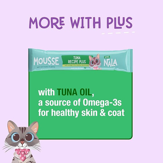 LOVE, NALA Tuna + Omega-3 Mousse Cat Treats – Brain & Heart Health Support – Lickable Squeeze-Up Puree, Topper or Treat – Grain-Free, 24 Pack – Human-Grade Protein, Non-GMO, No Artificial Additives