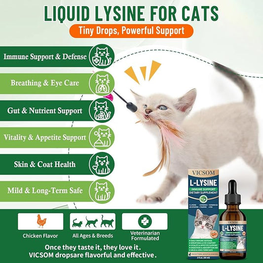 Cat L-lysine Supplement for Cats, Liquid Lysine for Cats - Immune Support Lysine Drops for Feline Respiratory, Sneezing, Runny Nose, Eye Function, Natural Strengthen Defenses, Chicken Flavor 60 ML