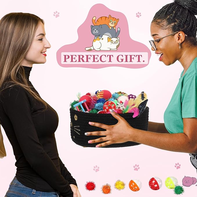 Zopeal 58 Pcs Easter Cat Storage Basket Gift Toys Set, Colorful Flashing Balls Pet Bell Crinkle Balls Spring Toys Attract Cat to Swat, Hunt, Interactive for Pet(Black,9.8 Inch)