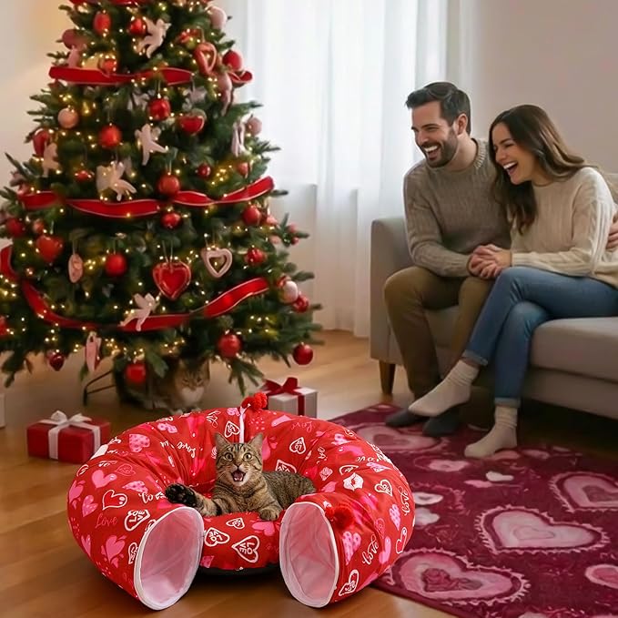Valentines Day Cat Beds for Indoor Cute Red Love Heart Valentine Cat House Donut Tunnel Toys with Washable Circle Cushion, Round Pet Peekaboo Cave Toy for Kitten/Puppy/Rabbit