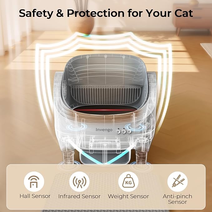 Automatic Cat Litter Box Self Cleaning, App Control, Open-Top Automatic Litter Box with Safety Sensors, Ultra-Quiet, 10.5L Waste Bin with Odor Control, 2 Rolls of Garbage Bags, LightGrey