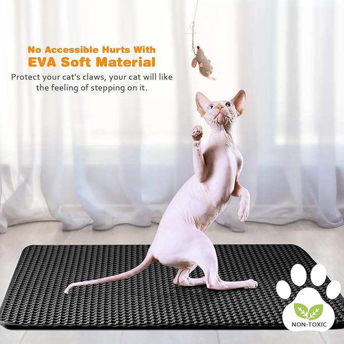 Waterproof Cat Litter Mat, Double Layer EVA, Odor-Free Large Grid, Urine Proof, Easy Cleanup (Black, 16 x 20)