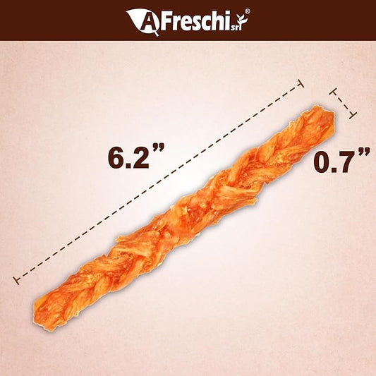 A Freschi srl Turkey Tendons for Dogs, USA-Sourced, Healthy Dog Treats, Rawhide-Free Puppy Chews, Long Lasting, All Natural, Hypoallergenic Dog Treats for Medium Breeds, 6 Count Pack Braid (M)