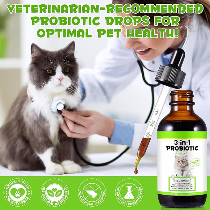 Probiotics for Cats, Cat Probiotic with Prebiotic and Enzymes, 3 in 1 Cat Probiotic Drops, Cats Probiotics Supplement Help Digestive Support Gut Health