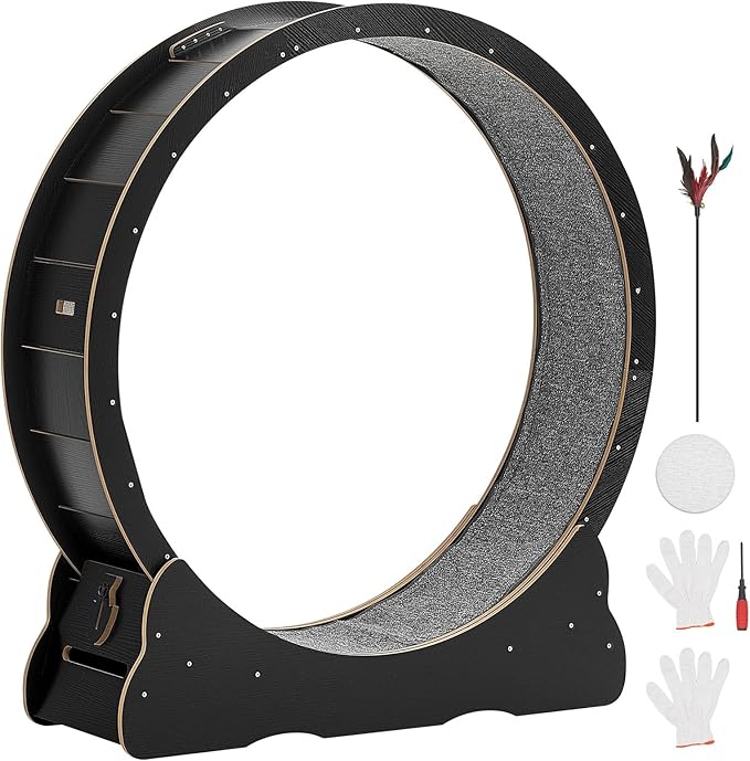 VEVOR Cat Exercise Wheel, 48 in Wooden Cat Running Wheel for Indoor Cats up to 28 lbs, Cats Treadmill with Carpeted Runway & Locking Mechanism, Quiet Kitten Sport Toys for Pets Fitness & Health, Black
