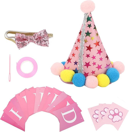 Dog Birthday Hat and Bow Tie Set, Adjustable Soft Pet Party Supplies, Cute Birthday Decorations with Banner for Small Medium Dogs, Washable Polyester Cotton Fabric (Pink)