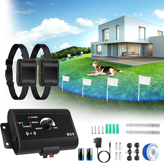 Electric Dog Fence System, Underground Dog Fence System for 2 Dogs, Covers Up to 1.2 Acre, with 2 Waterproof Collars, Tone & Shock Correction for Small Medium Large Dogs