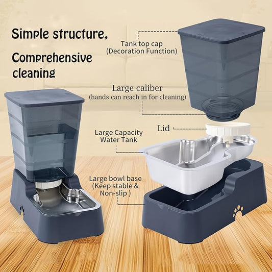 Meikuler Automatic Dog Cat Water Dispenser Large Capacity 5Lfor Cats and Medium and Large-Sized Dogs with Stainless Steel Bowl (Black, 5L)