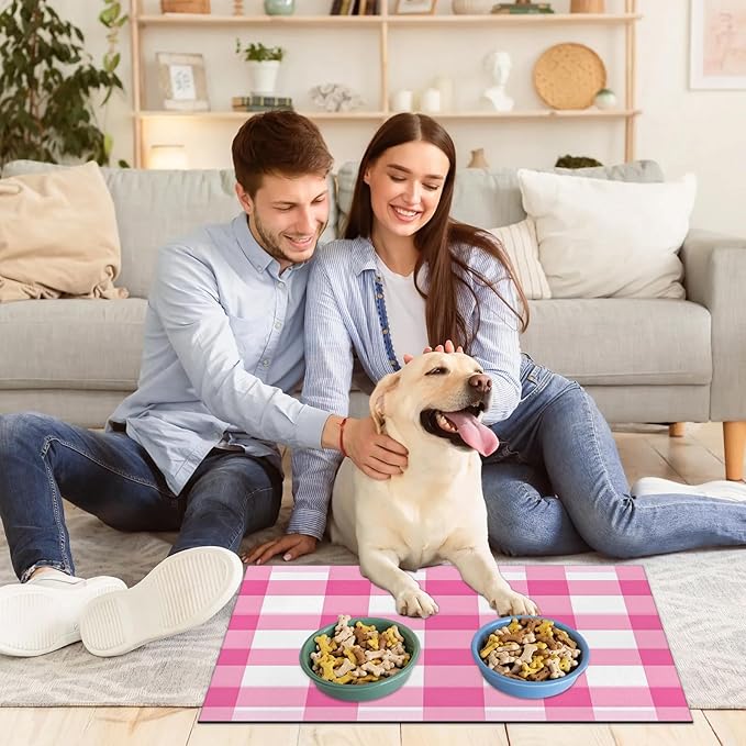 Pink Checkered Dog Food Mat for Floors Absorbent, Quick Dry Water Dispenser Mat for Food, Water, Pet Supplies 16" x 24", Buffalo Plaid