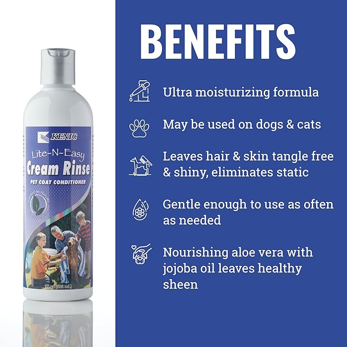 Kenic Lite-N-Easy Detangling Pet Cream Rinse – Anti-Tangle & Mats Conditioning for Dogs, Cats, Rabbits & Ferrets, Made in USA