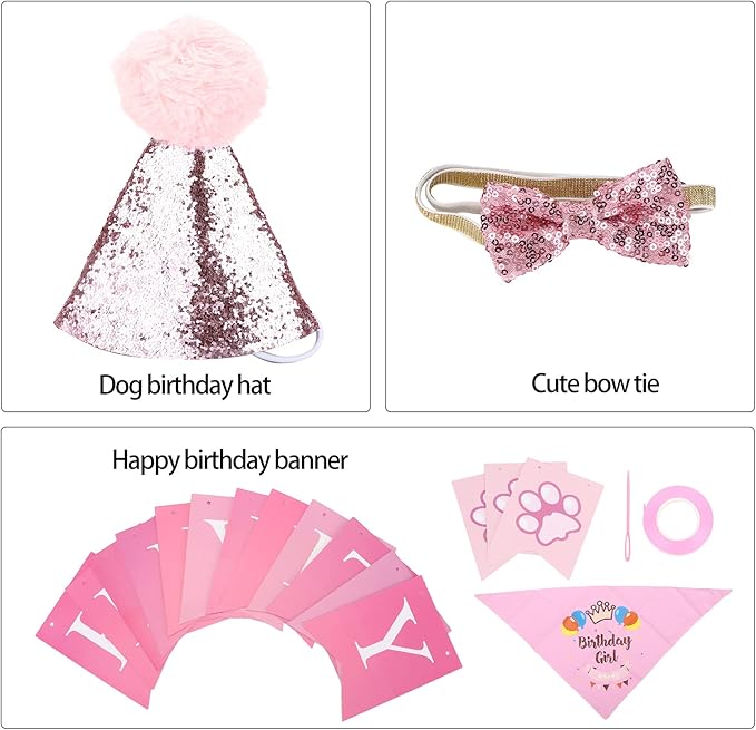 Dog Birthday Scarf Hat Set, Pet Birthday Party Supplies, Adjustable Soft Bandana with Bow Tie and Banner Cards for Puppy Photo Shoots and Celebrations