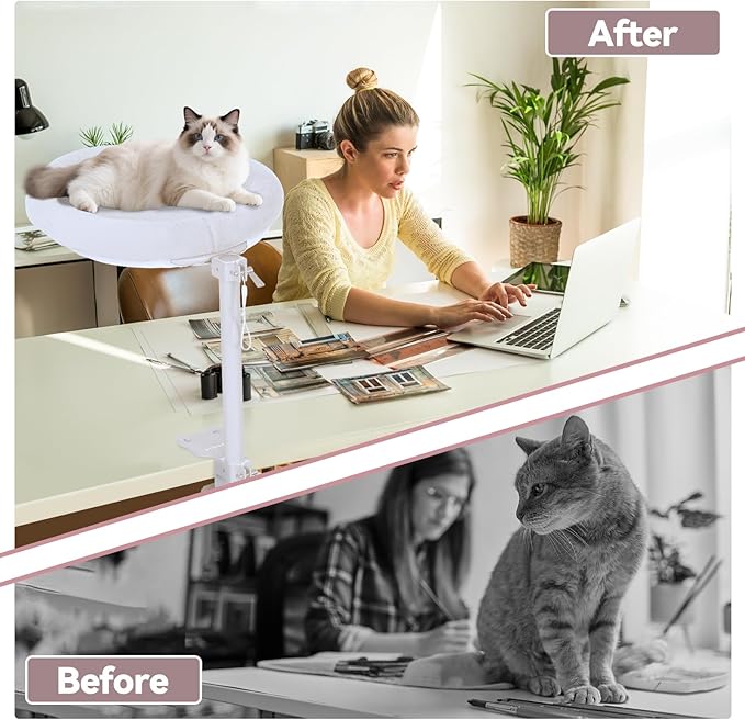 Cat Desk Bed,Steel Cat Bed for Desk,Up and Down Available,360° Rotating, Shelf Height Adjustable, Desktop Attachment Cats Nest Perch Hammock for Office Game Tables, Supports 40lb (White)