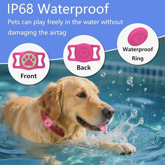 2-Pack Airtag Holder for Dog Collar, Waterproof Silicone Protective Case Cover, Anti-Lost Tracker Universal Fit for All Width Pet Collars (Blue with Night Glow&Rose Red with Night Glow)