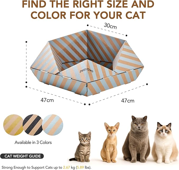 PETNOVO Foldable Cat Bed & House for Travel – Origami Cardboard Cat House with Built-in Honeycomb Scratcher Pad, No-Tools Assembly, FSC-Certified Recyclable, Grey, 18.5" L x 18.5" W x 11.8" H