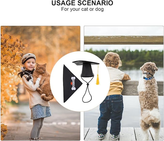 Pet Graduation Cap and Decorative Dog Bib Set, Triangle Saliva Towel Bandana for Puppy, 2pcs Party Supplies for Dog Graduation Celebration