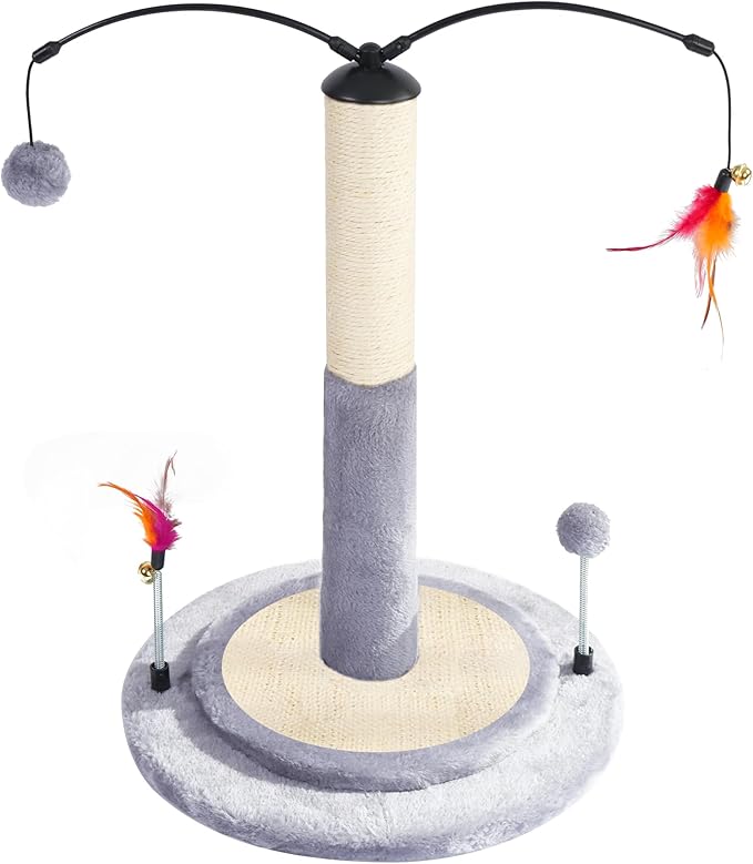 YUNIQUE Cat Scratching Post with Sisal Rope, Small Cat Tree with Dangling Balls & Feather for Kittens (Grey, 22.8'')
