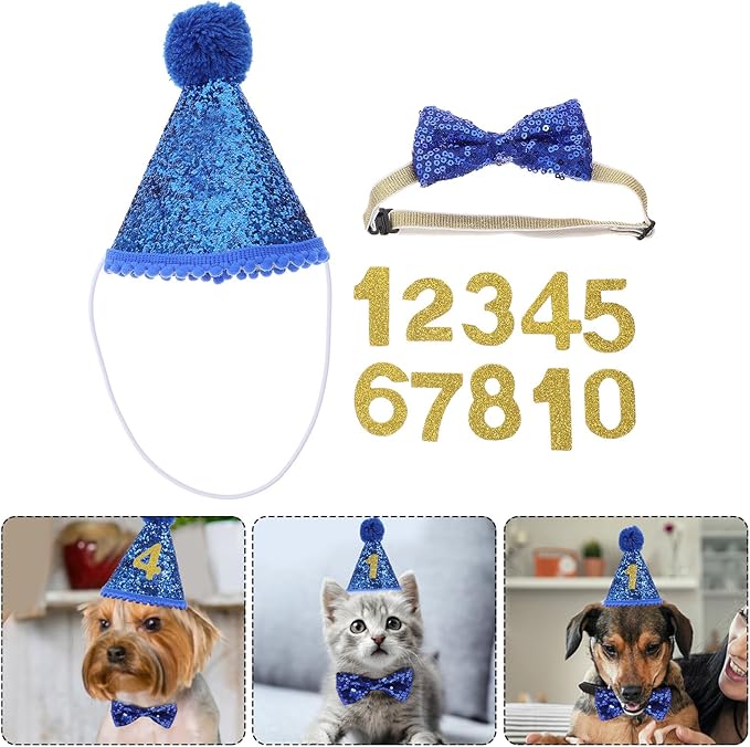 Pet Birthday Party Hat and Sequins Bow Tie Set with Number Accent, Small Puppy Hat and Blue Bowknot for Dog Birthday Supplies