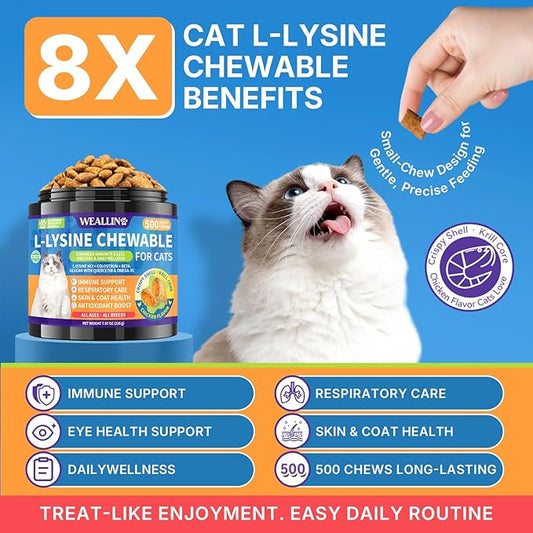 L-Lysine Chews for Cats 500 Chews, Immune & Respiratory Support Crunchy Shell with Krill Core, with Colostrum & Omega-3s for Sneezing and Runny Nose, Chicken Flavor, for All Ages & Breeds Cats