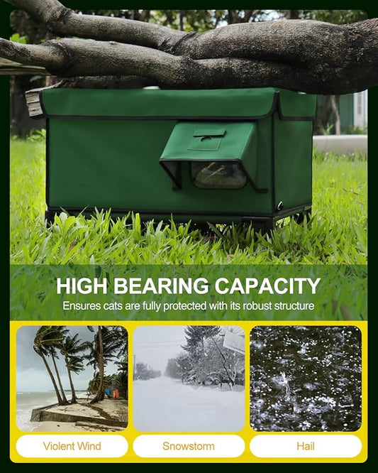 Heated Cat House for Outside,Dual Camera Mounts,100% Weatherproof & Extremely Insulated,Elevated Feral Cat Shelter with Escape Door,Waterproof Eaves for Outdoor Stray Barn Cat(Army Green,L)