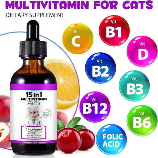 Cat Multivitamin Drops, 15-in-1 Multivitamin Drops for Cats, Immune Support, Heart, Skin & Coat Health, Digestion, Joint Care, for All Life Stages, Easy to Use 60ml