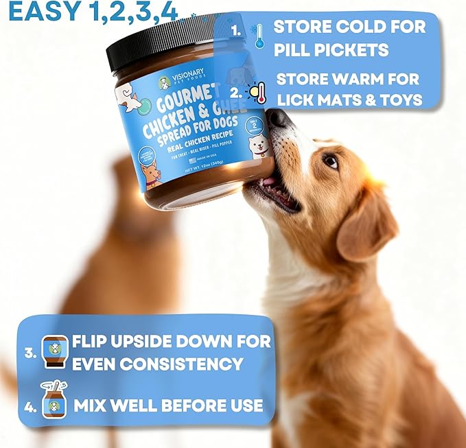 Visionary Pet Foods Chicken Meat Spread, Dog Safe and Natural Peanut Butter Alternative - Healthy Digestive Support, No Additives - Lick Mat Treats - 12oz Jar