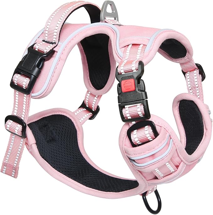Timos Dog Harness Large Sized, No Pull Pet Harness with Neck Lockable Snap,No Choke Front Clip Dog Reflective Vest,Adjustable Metal Rings 3 Buckles,Easy Control Handle for Large Dogs Pink XL