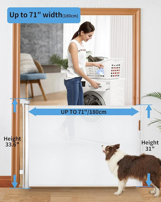 Retractable Baby Gate for Doorways and Stairs, Mesh Safety Gate for Pet, Indoor & Outdoor Use, One-Hand Operation, Easy Installation, 33.6" Tall, Expands to 71" Wide(White,33.6"x71")