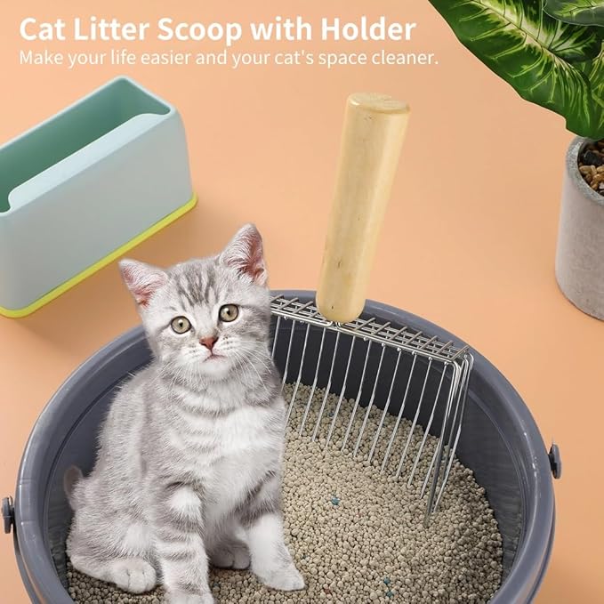 Cat Litter Scoop with Abs Holder and Stand, Metal Poop Scooper Set with Wooden Handle for Litter Box Cleanup