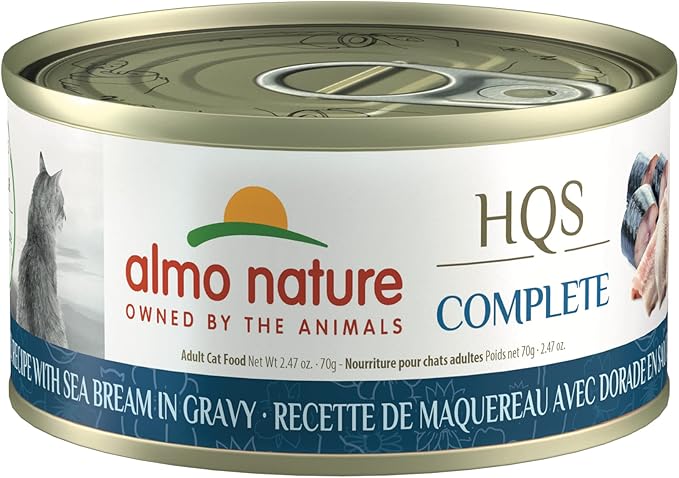 almo nature HQS Complete CAT Wet Cat Food Mackerel Recipe with Sea Bream in Gravy - Grain-Free Cat Food Canned, 2.47 oz (Pack of 12)